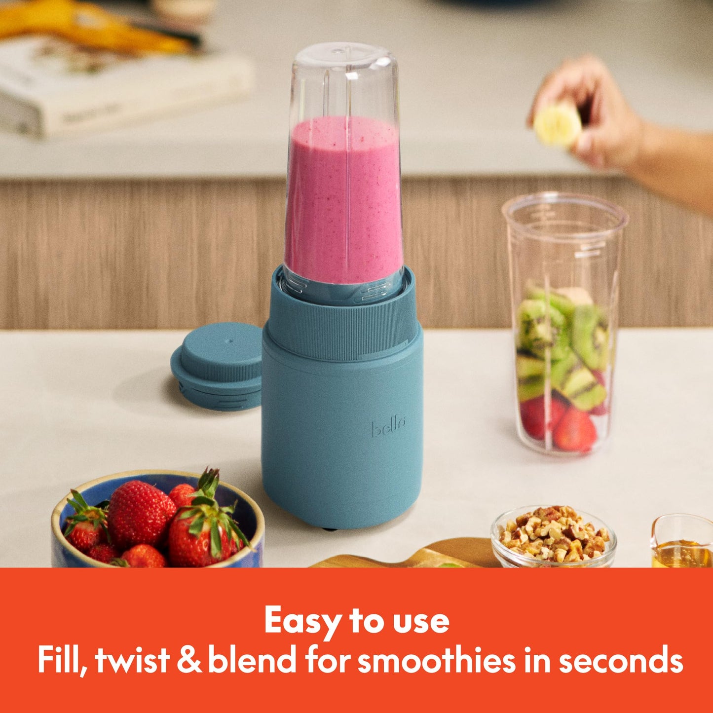 bella 6 Pcs Portable Rocket Blender, Juicer & Smoothie Maker, Press & Twist Design, EverGood™ & BPA Free Dishwasher Safe Parts, 4 Tip Stainless Steel Blade, Cord Wrap, 240 Watt Motor, Oatmilk