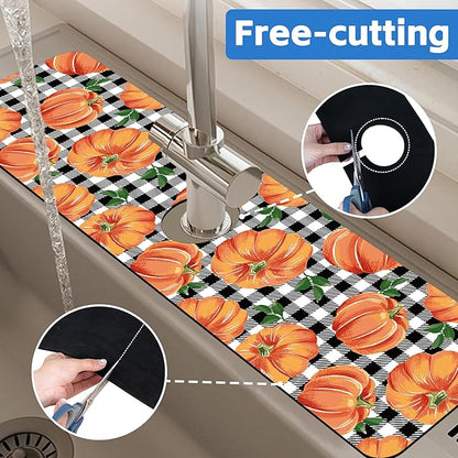 Thanksgiving Pumpkin Kitchen Sink Splash Guard Mat Buffalo Plaid Absorbent Fast