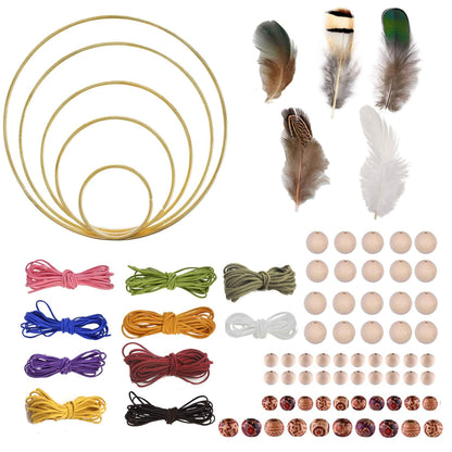 Gywantt DIY Dream Catcher Kit - 5 Gold Metal Hoops, 50 Feathers, 10 Pcs Faux Suede Cord, 60 Wood Beads