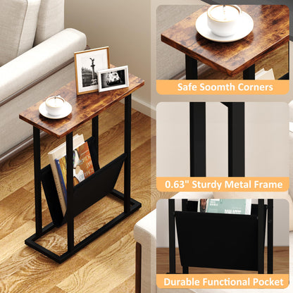 Yusong Narrow Side Table for Small Spaces, Small End Table with Magazine Holder, Skinny Slim Little Thin Table for Living Room, Bedroom, Sofa, Rustic Brown