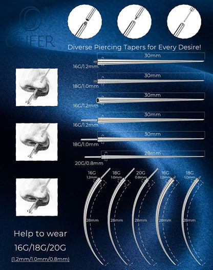 OUFER Piercing Ball Grabber, 16G/18G/20G Flat Back Earrings Piercing Guide needle Tool, Surgical Steel Internally Threaded Push Pin External Thread Assistant Body Piercing Kit for Ear Nose Lip Tool