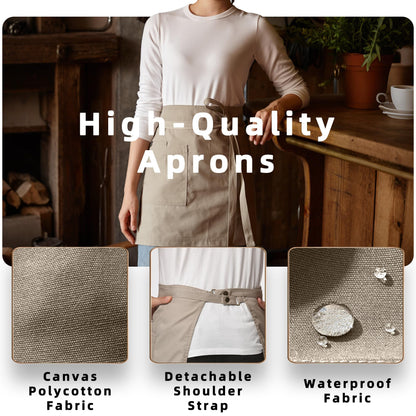 Guolamy Unisex Waist Apron Half Bistro Apron Server Aprons with Pockets Waterproof 4251BY(Khaki,1Pack