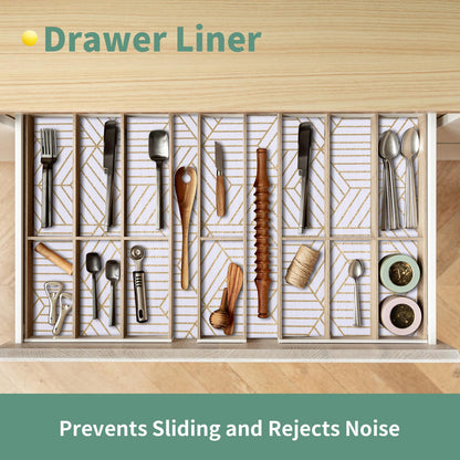 Shelf Liners for Kitchen Cabinets 17in x 30FT, Non Adhesive Cabinet Liner Strong Non-Slip Golden Leaf Drawer Liner, Easy to Clean for Shelf, Cabinet with Knife and Tape Measure