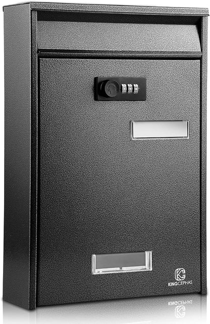 KINGCEPHAS Wall-Mounted Mailbox with Combination Lock,Small Capacity Mail Box for House, Waterproof Postbox,Mailboxes for Outside, 8.5” x 3” x 12.4” (Black)