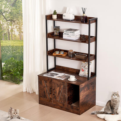 VEVOR Cat Litter Box Enclosure, Hidden Litter Box Furniture with 3 Storage Shelves, Wooden Cat Washroom Indoor, Large Cat House Cabinet Hidden Fit Most Litter Box, 33.5"L x 19.3"W x 58.7"H, Dark Brown