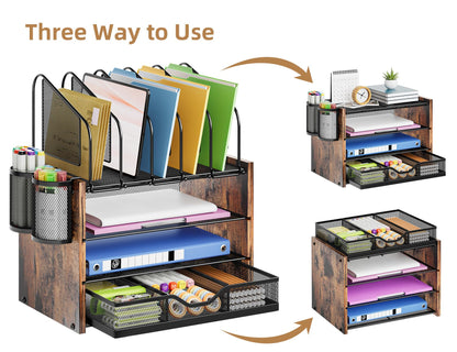 Marbrasse Desk Organizer with Drawer, 4-Tier Wooden File Organizer with 5 Vertical File Holders and 2 Pen Holders, Desk Organizers and Accessories for Home Office - Dark Brown