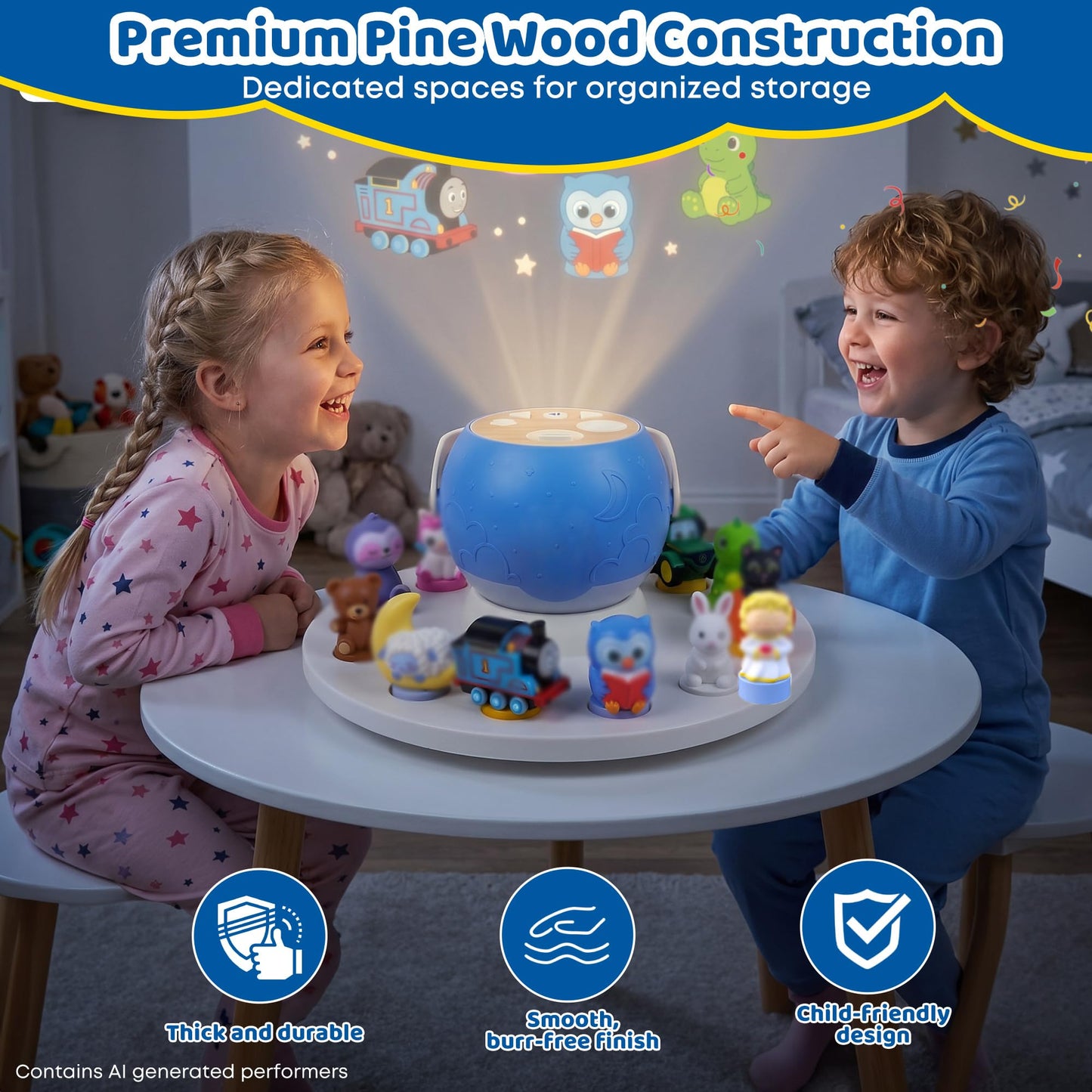 Round 360°Rotating Storage Shelf for Luna Storytime Projector And Character,Display Stand for Luna Projector Figurine Cartridge Figures Organizer Holder,Pine Wooden,for Kids Play Room(White)