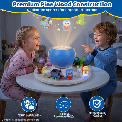 Round 360°Rotating Storage Shelf for Luna Storytime Projector And Character,Display Stand for Luna Projector Figurine Cartridge Figures Organizer Holder,Pine Wooden,for Kids Play Room(White)