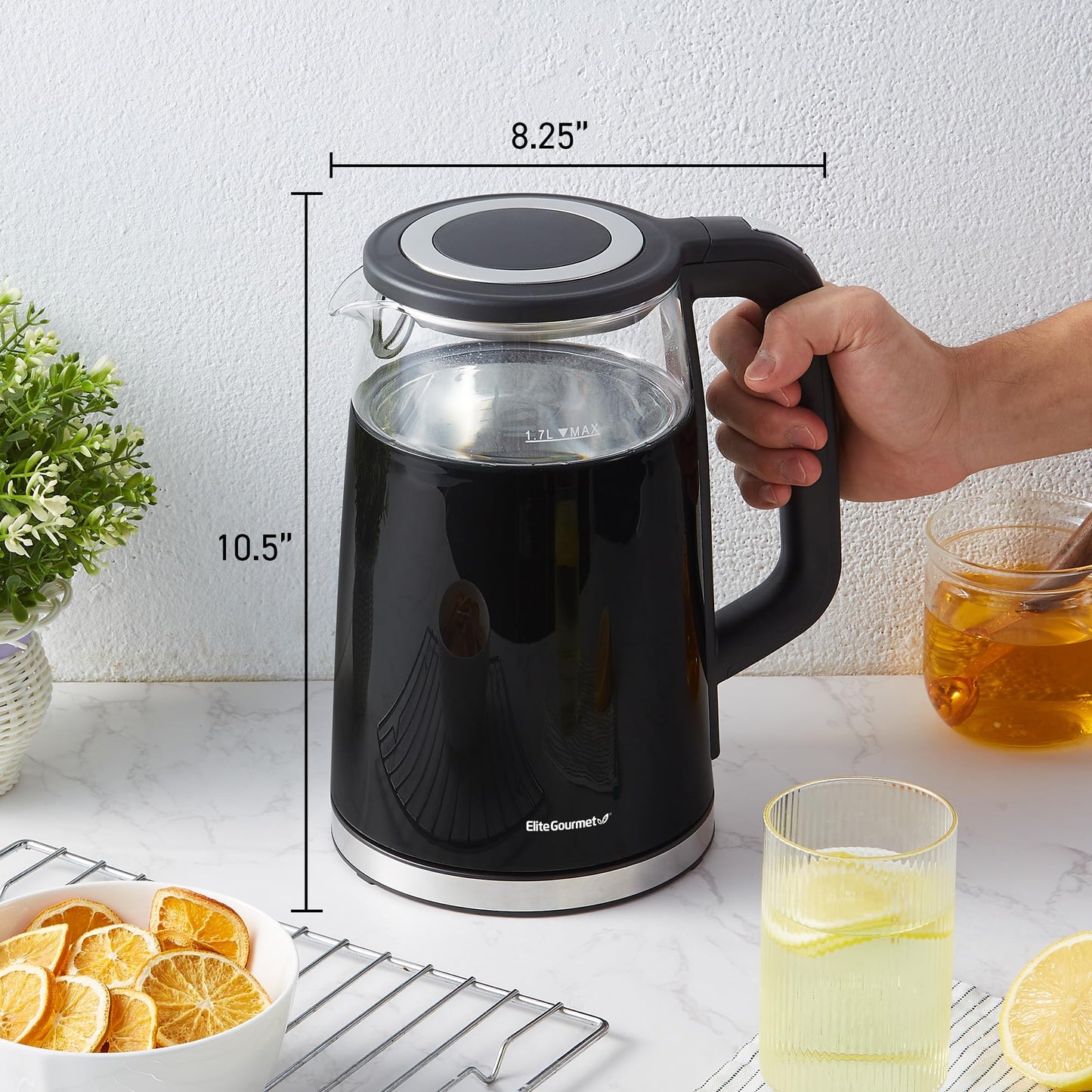 Elite Gourmet EKT8717 1.7L Dual Wall Cool Touch Electric Tea Kettle, Borosilicate Glass, 304 Stainless Steel Interior, Programmed Digital Touchscreen, Keep Warm, Auto Off & Audible Indicator, Black