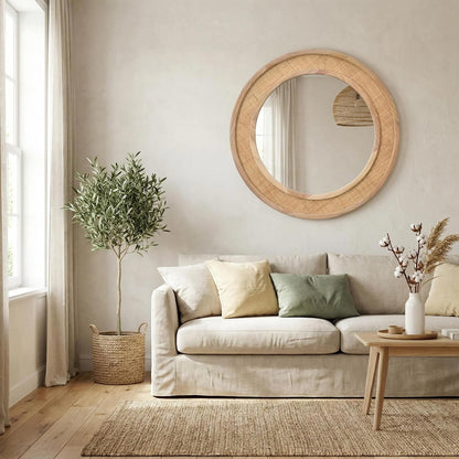 Tunjig 24" Round Rattan Mirror, Circle Wall Mirror, Farmhouse Wooden Vanity Mirror with Handmade Wicker Frame, Decorative Boho Mirror for Nursery Bedroom Living Room Entryway Nature