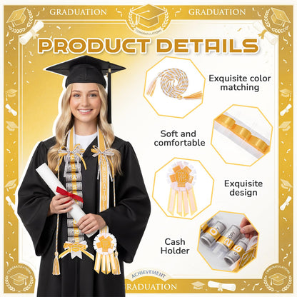 Spakon Graduation Money Lei with Cash Holder, 48 Inch 2026 Graduation Ribbon Lei with Honor Cord 2026 Grad Braided Necklace for DIY Women Men College Party Decor Supplies Grad Cash Gift(White, Gold)