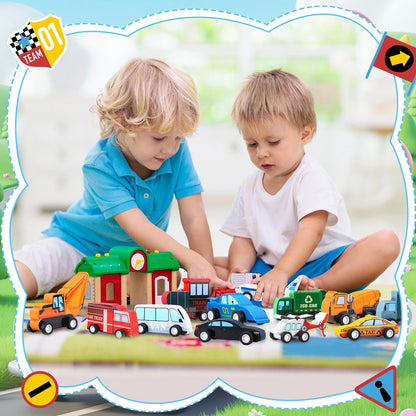 Blosssound 20 Pcs Wooden Car Vehicle Set for Toddlers Wooden Vehicle Community Helpers Toys with Police Fire Trucks Ambulance Car Toys Gift for Kids Preschool Classroom Educational Activity
