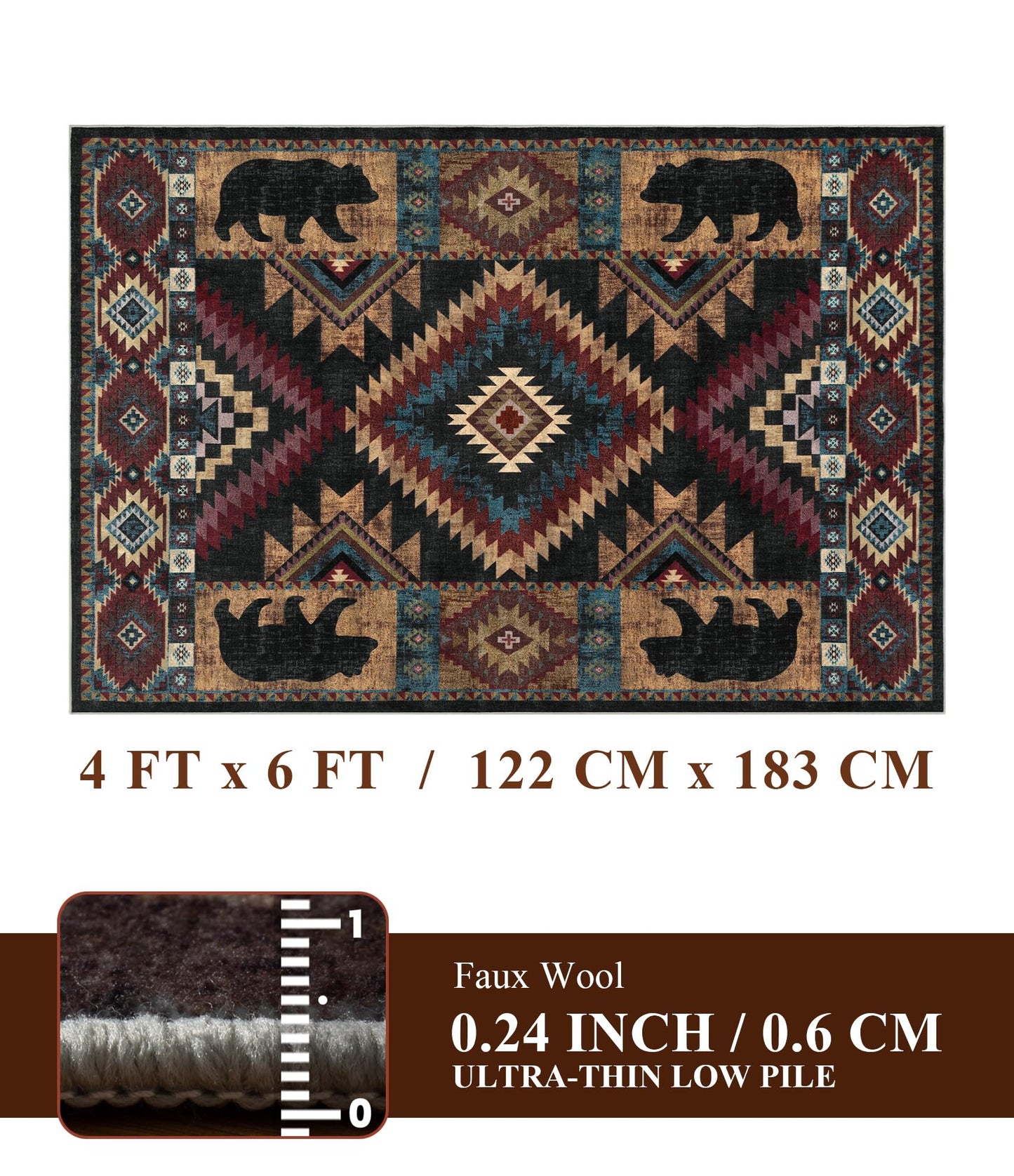 YIHOUSE Rustic Cabin Area Rug 4x6,Machine Washable Lodge Bear Rug,Non-Slip Low Pile Print Pattern Western Aztec Rug for Living Room Bedroom