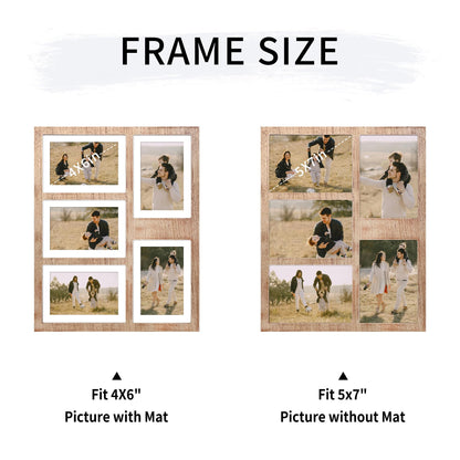YESKAY 4x6 or 5x7 Picture Frames, Rustic Brown Wooden Frame with Real Glass, Displays Pictures Five 4x6 with Mat or 5Pcs 5x7 without Mat for Wall Mounting, Photo Collage Frame
