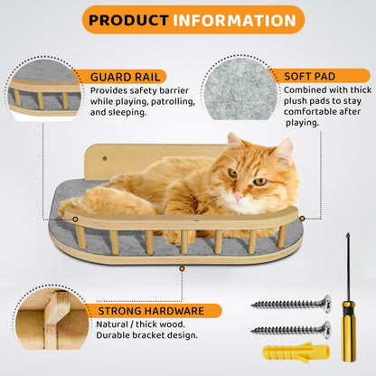 BUOGA Cat Wall Shelves – 3 Steps Climbing Furniture & Perch for Indoor Cats up to 30lbs, Wooden Floating Shelf with Non-Slip Pad Bed, Modern Corner & Wall Mounted for Playing and Lounging - Natural