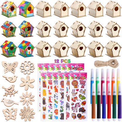 Tuanse 107 Pcs Wooden Birdhouse DIY Kits Includes 21 Unfinished Wood Mini Bird House 24 Watercolor Pen 50 Bird Butterfly Flower Slices 12 Animal Stickers for Adults DIY Craft Making Supplies(Classic)