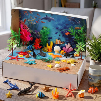 Teyva Daily 60 Pcs Ocean Diorama Kit Habitat Project Box Set 3D Ocean Diorama Supplies Include Under The Sea Animals Figures Artificial Coral Seagrass with Cardboard for DIY Crafts Gifts