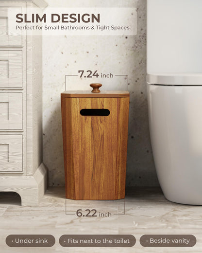 BLUEWEST 2.6 Gallons Acacia Wooden Bathroom Trash Can with Lid & PP Liner – Small Wastebasket with Handle, Decorative Wood Bin for Bedroom, Office or Under Counter Use