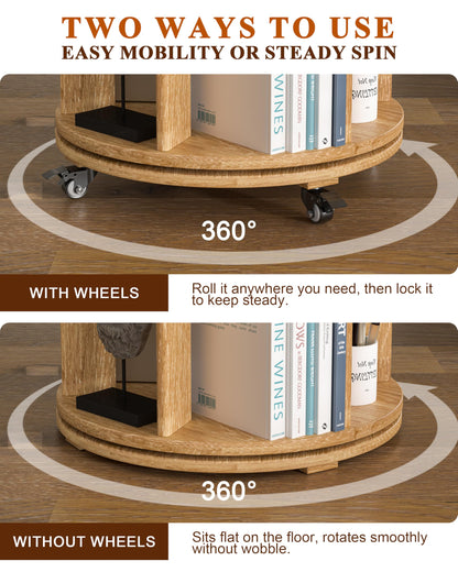6-Tier Solid Wood Rotating Bookshelf on Wheels, 360° Spinning Book Shelf Tower, Round Revolving Bookcase Organizer, Rolling Bookshelves for Small Spaces, Corner, Bedroom, Kids Room, Office, Natural