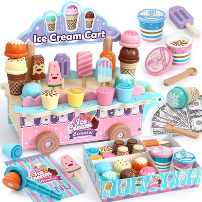 Atoylink Wooden Ice Cream Toys for Kids Pretend Play Food Toys with Scoop & Menu & Fake Money, Ice Cream Cart Play Store Toys for Toddlers Girls 3 4 5 6 Year Old Gift