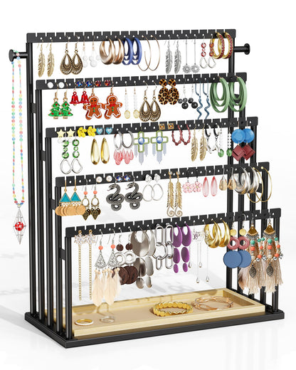 TIPSYTREE Earring Holder Organizer, 5-Tier Step Jewelry Display Stand with Metal Frame and Wooden Storage Organizer, Large Earring Holder for Studs, Hoops, Dangles, Modern Jewelry Organizer for Women
