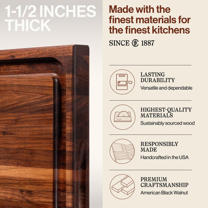 John Boos BBQ Series Rectangular Wooden Walnut Cutting Board 17”x21” – 1.5” Thick, 15-lb Reversible Butcher Block with Juice Groove, Edge-Grain & Finger Grips – Made in the USA