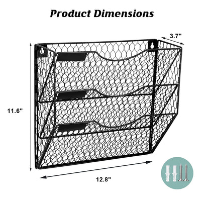 EASEPRES Mail Organizer Wall Mount Hanging File Holder Storage, Metal Chicken Wire Magazine Rack 3 Tier, Black