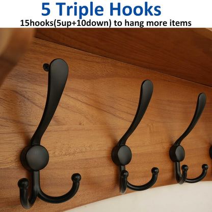 WEBI Wall Shelf with Hooks Underneath,24" Long Coat Rack Wall Mount with Shelf,Key Rack for Wall,5 Triple Hooks for Hanging Coats,Clothes,Jacket,Bathroom,Entryway,Light Brown