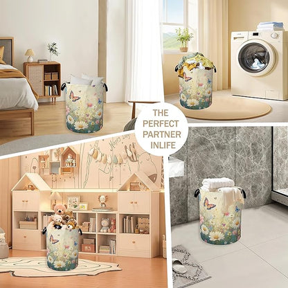 Spring Flowers Laundry Hamper, Watercolor Garden Wildflower Butterfly
