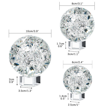 ZEERSHEE Set of 3 60/80/100mm Crystal Cracked Balls Glass Globe Paperweight Decor Solid Decorative Sphere with Stand Feng Shui Divination or Fortune Telling Ball