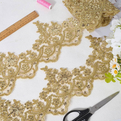 GORGECRAFT 5.7 Inch Width Gold Metallic Venice Lace Trim 2.6 Yards Sequin Flower Embroidery Lace Ribbon Applique Sewing Floral Crown Edge Trimming for DIY Crafts Clothes Wedding Home Decor