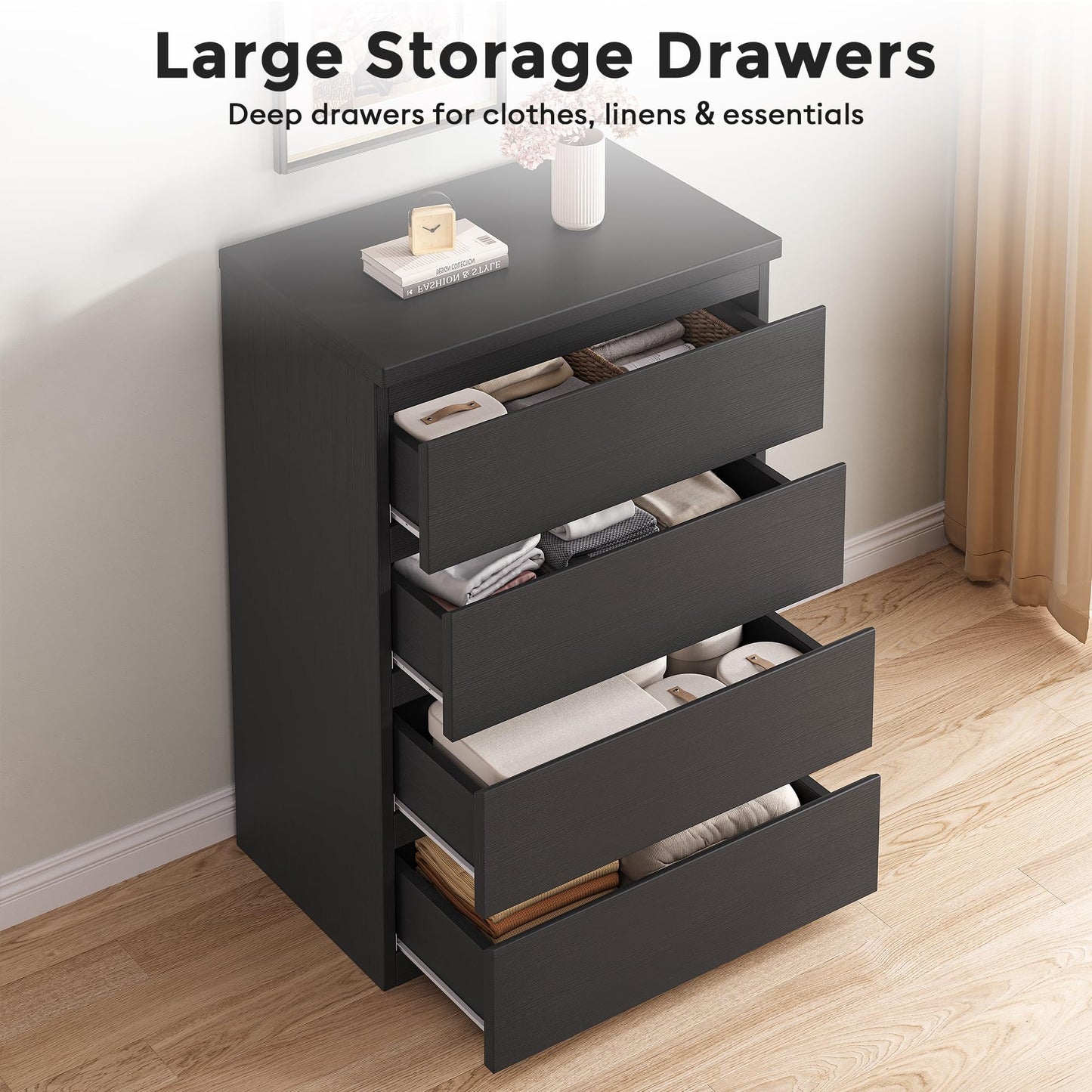 Jocoevol 4 Drawer Dresser for Bedroom, Black Dresser Chest of Drawers - Large Wood Dressers TV Stand with Deep Drawers Dressers for Living Room, Hallway, Entryway - Black