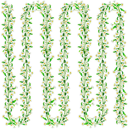 4 Pack Artificial Daisy Flowers Vine, 27.2 Ft Silky Artificial Garland with White Daisy and Vine Floral Garlands Decoration for Room Wall, Flower Themed Party, Wedding Supplies