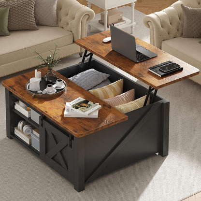 DUMOS Coffee Table, Lift Top Center Table with Storage, Square Living Room Tables with Adjustable Shelves, Modern Wooden Center Coffee Tables with Hidden Storage Compartment for Home, Black
