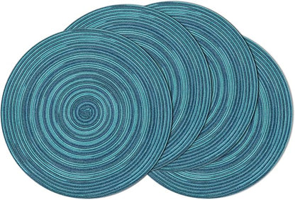SHACOS 15 inch Round Placemats Set of 4 Variegated Multicolor Place Mats Cotton Polyester Braided Non Slip Washable Heat Resistant Table Mats for Home Wedding Dinner Party Table Decor, Rainbow Teal