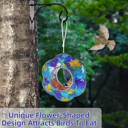 VOREEN Mosaic Glass Bird Feeder, Handcrafted Hanging Fly-Through Feeder for Outdoor Garden & Backyard, Blue Flower Mosaic Style