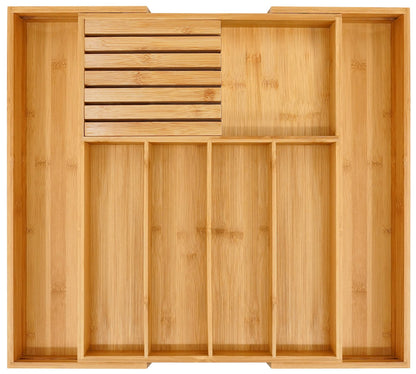 VaeFae Bamboo Silverware Drawer Organizer Kitchen, Expandable Utensil Organizer with Knife Block, Cutlery Tray with Divider, Multifunctional Drawer Organizer