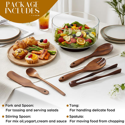 FoldTier Large Glass Salad Bowl Set, Party Salad Bowl with Acacia Wood Base and Lid as Cheese Charcuterie Board and Plate, Comes with 5 Pieces Elegant Wood Serving Utensils