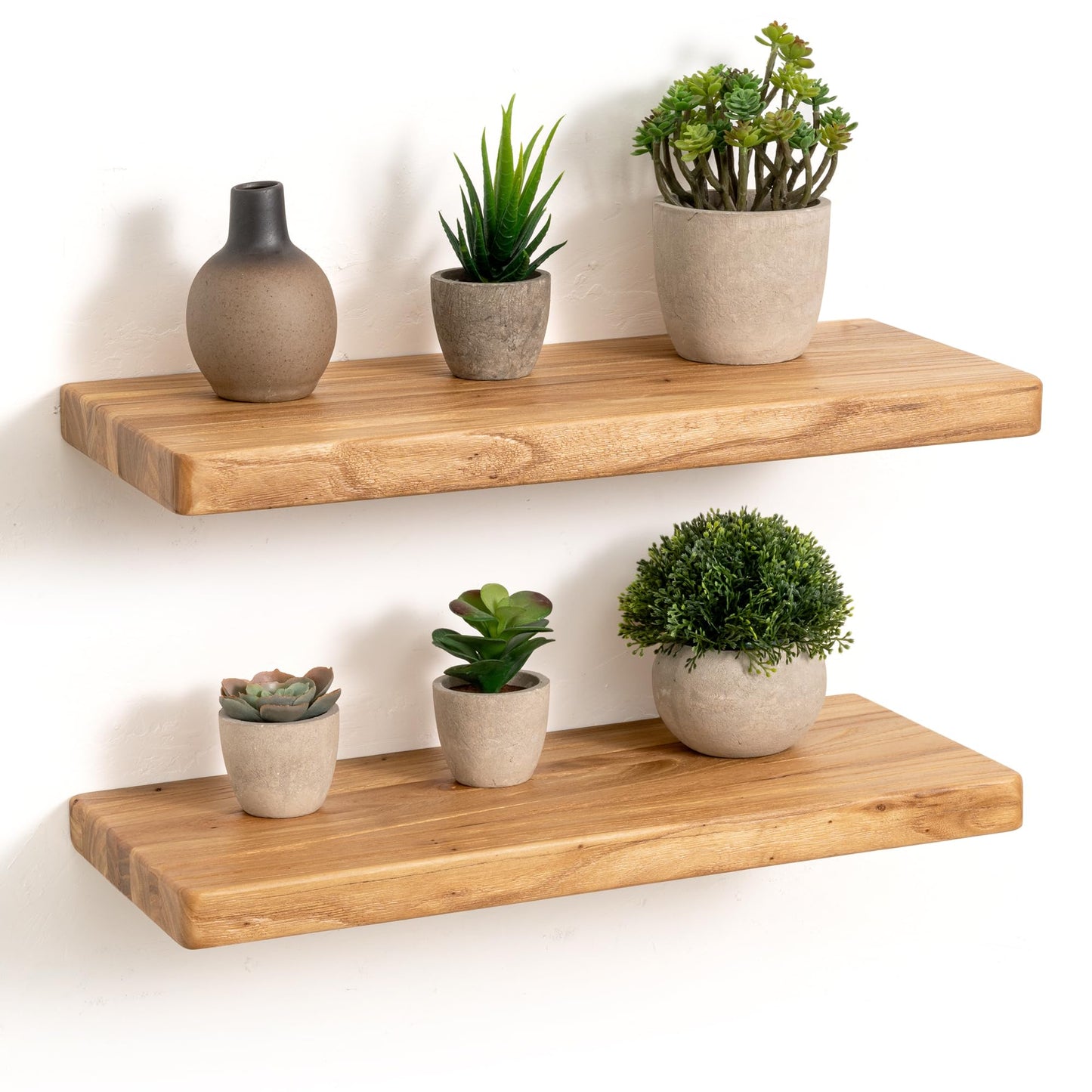 Fun Memories Rustic Solid Elm Wood Floating Shelves, 18" W x 8" D Floating Shelf Wall Mounted, 8 Inch Deep Wall Shelves, Wooden Bathroom Shelf for Home, Deep Bookshelf for Living Room, Set of 2