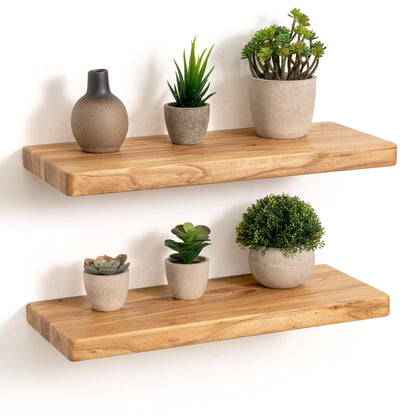 Fun Memories Rustic Solid Elm Wood Floating Shelves, 18" W x 8" D Floating Shelf Wall Mounted, 8 Inch Deep Wall Shelves, Wooden Bathroom Shelf for Home, Deep Bookshelf for Living Room, Set of 2