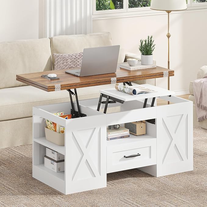 kepptory 39.4'' Lift Top Coffee Table with Storage, 4 in 1 Multi-Function Convertible Coffee Tables for Living Room, Farmhouse Coffee Table with Open Storage Compartment & Drawers (Brown&White)