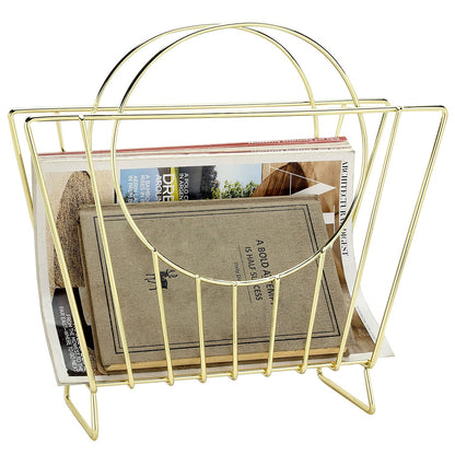 MyGift Mid-Century Brass Plated Metal Free Standing Magazine Holder Document File Rack with Decorative Bag Shaped Design