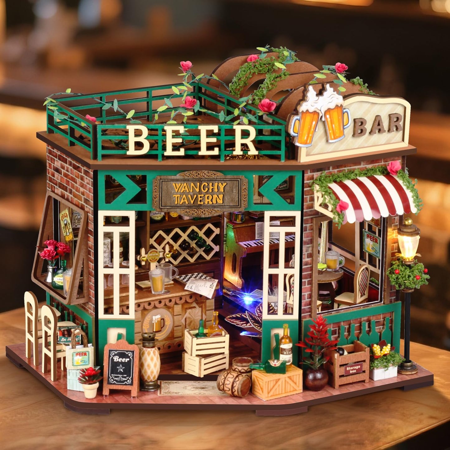 TuKIIE DIY Miniature House Kit with Furniture, 1:24 Scale Creative Room Mini Wooden Dollhouse Book Nook for Kids Teens Adults(Beer Bar)