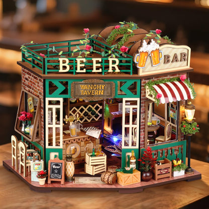 TuKIIE DIY Miniature House Kit with Furniture, 1:24 Scale Creative Room Mini Wooden Dollhouse Book Nook for Kids Teens Adults(Beer Bar)