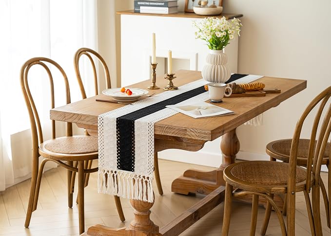 FEXIA Boho Table Runner for Summer Home Decor with Tassels 72 Inches Long Farmhouse Rustic Black Gothic Table Runner Macrame Gothic Burlap Table Decoration for Kitchen Living Room (12x72 Inches)