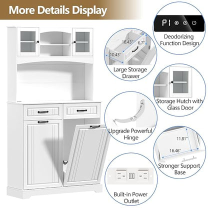 Double 13 Gallon Tilt Out Trash Can Cabinet with Deodorizing Function and Power Outlet, 71" Tall Wooden Garbage Can Holder Cabinet with 2 Storage Hutch & 2 Drawers for Kitchen and Dining Room, White