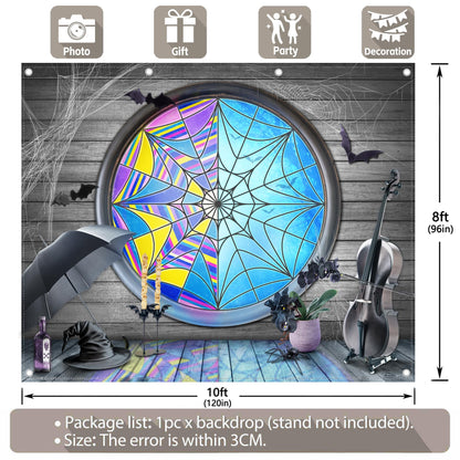 Yriujul Fabric 10x8ft Halloween Spider Web Window Photography Backdrop Horror Gothic Moon Night Bats Wooden Floor Background Kids Boys Girls Party Decorations Photo Props