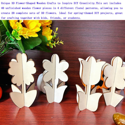 40PCS 3D Unfinished Blank Flower Wooden Cutouts Craft for Kids,Spring Tulip for Children's Painting DIY Room Decoration Gift Giving Surprise (40Flower)
