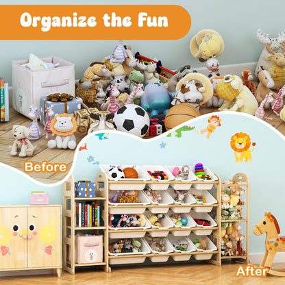 Large Kids Toy Storage Organizer, Toy Organizers and Storage with Stuffed Animal Storage, Toy Storage Shelf with 3 Shelves, 16 Storage Bins, Kids Bookshelf, Toy Holder for Playrooms, Bedrooms, White