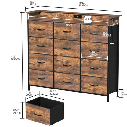 Welfuturer Dresser for Bedroom with 12 Drawers Clothes Dresser with Charging Station and LED Light Fabric Storage Tower for Living Room Hallway Closet Sturdy Steel Frame Wooden Top Rustic Brown